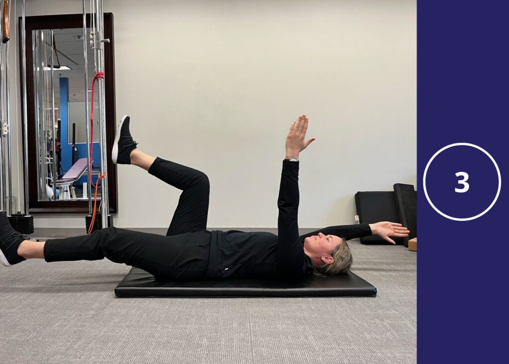 Next in core strength dead bug, Return the arm and leg that you lowered down back to the starting position. Repeat step two with your other arm and leg. Continue to alternate sides for 3 sets of 10 repetitions on both sides. Don’t forget to keep breathing while performing the exercise!