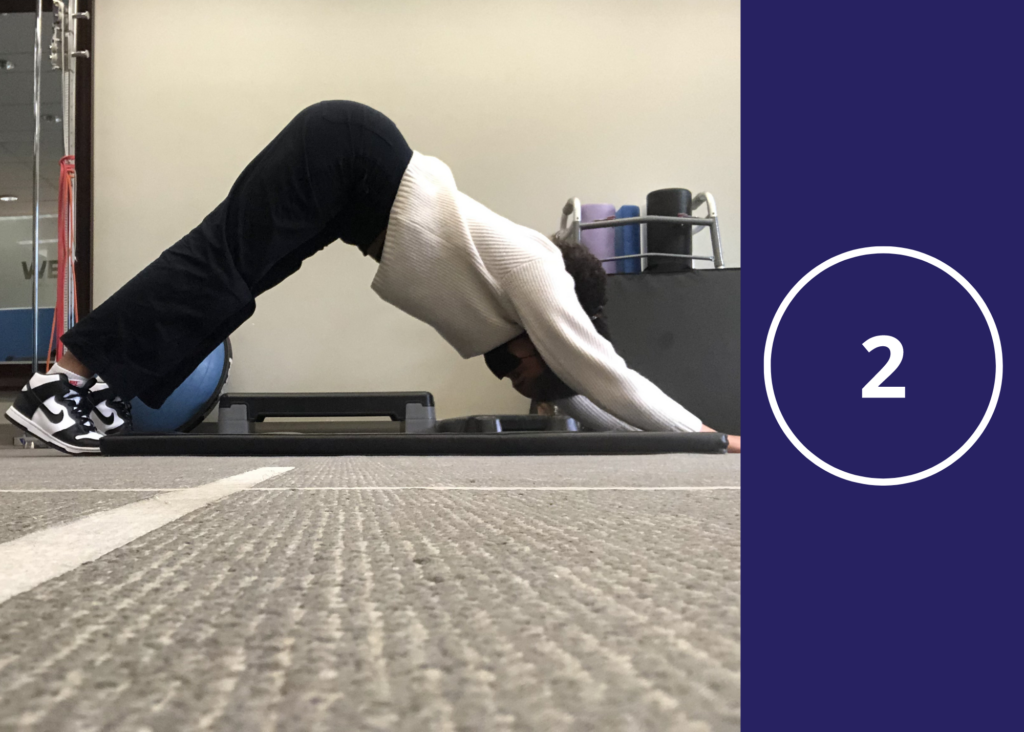 Next for downward dog, Slowly transition into the downward dog by drawing your shoulders away from your ears for a long neck, engaging your core, and lifting your bum into the air while straightening your knees - allow your body to sink towards your thighs and keep your back and hips straight