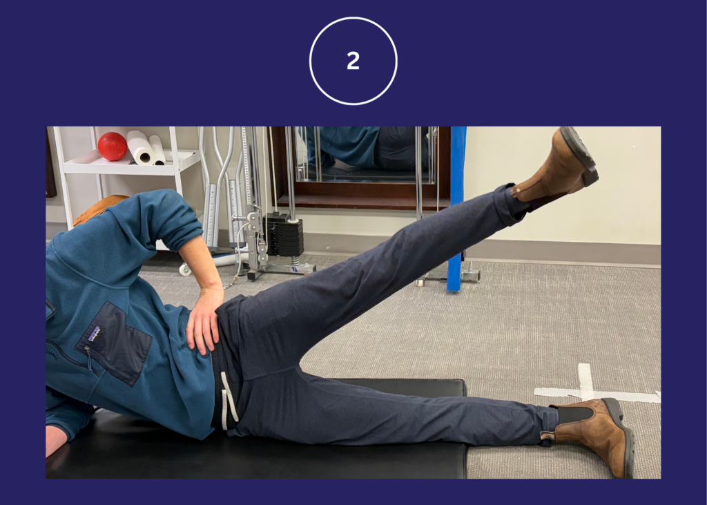 Step 2 of side leg raises, demonstrated by Physiotherapist assistant at WestEnd Physiotherapy