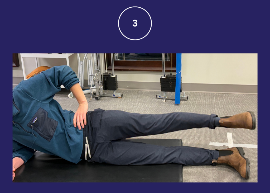 Step 3 of side leg raises demonstrated by Physiotherapist assistant at WestEnd Physiotherapy