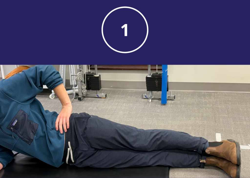 Step 1 of side leg raises demonstrated by Physiotherapist assistant at WestEnd Physiotherapy