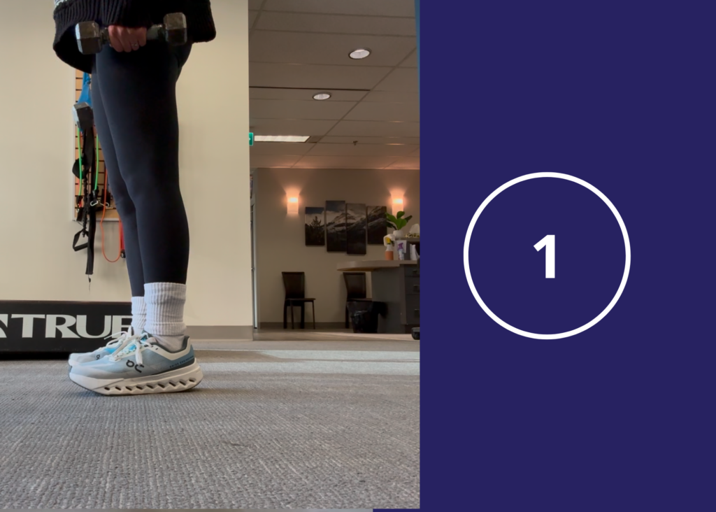 step 1 of dumbbell calf raises demonstrated by physiotherapist assistant