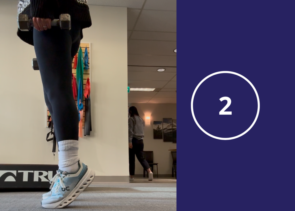 step 2 of dumbbell calf raises demonstrated by physiotherapist assistant