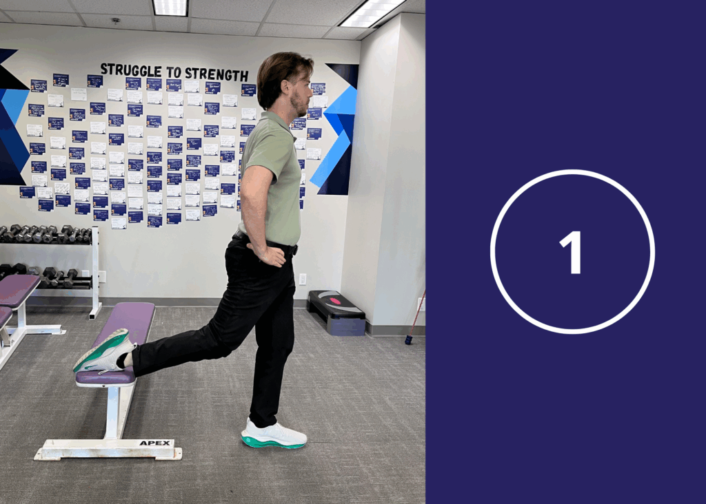 step 1 of Bulgarian split squats demonstrated by chiropractor Dr. Donny Mackintosh