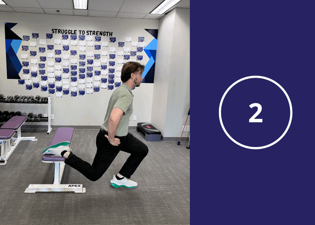 step 2 of Bulgarian split squats demonstrated by chiropractor Dr. Donny Mackintosh