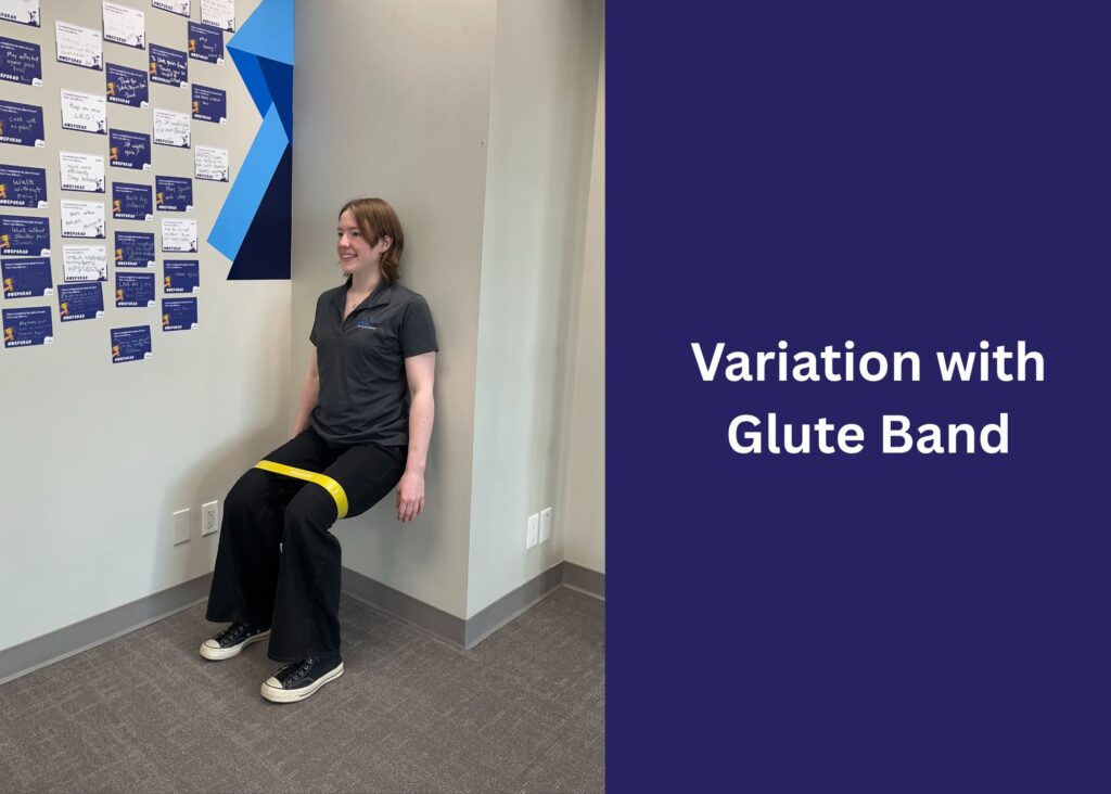 variation of wall sit exercise that uses a glute band wrapped around the thighs just above the knees