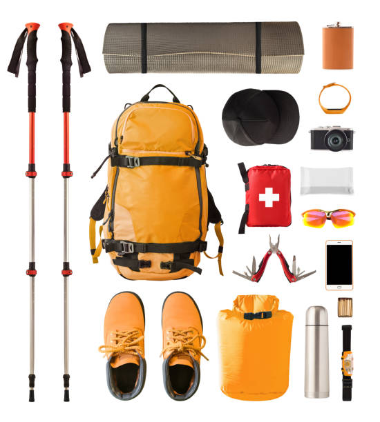 Set of sport equipment and gear for hiking and trekking.