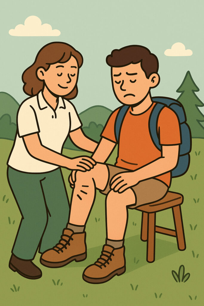 Cartoon-style illustration of a physiotherapist helping a male hiker with a knee injury. The hiker sits on a wooden stool with a pained expression, wearing an orange t-shirt, shorts, hiking boots, and a backpack. The physiotherapist, smiling and calm, gently supports his injured knee. The background shows green hills, grass, and a tree under a soft sky.